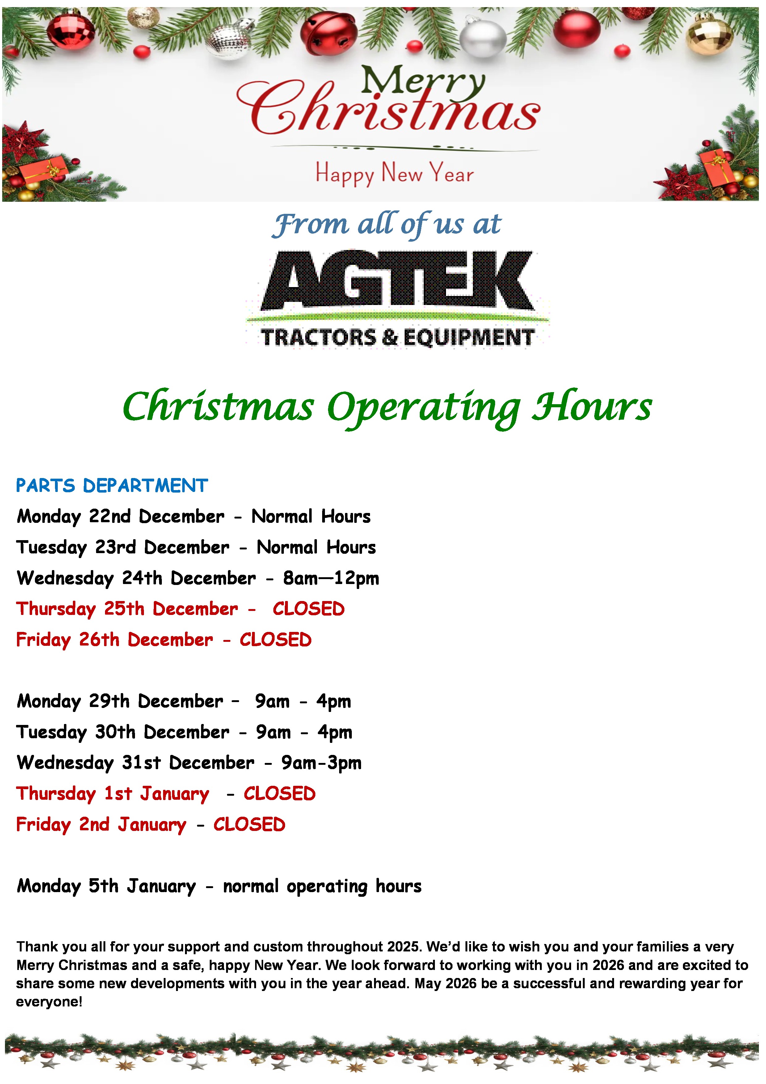 Agtek Christmas 2025 operating hours
